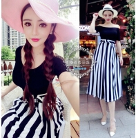 Set áo trể vai chân váy midi sọc