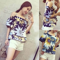 Áo kiểu trể vai họa tiết