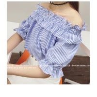Áo sọc trể vai nhúng lai